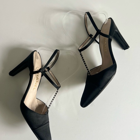 CHANEL Shoes - CHANEL Vintage Black Silk Satin T-Strap Heels Rhinestone Detail Karl Lagerfeld